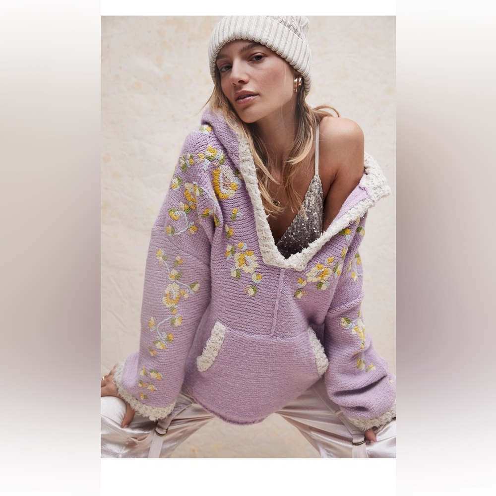 Free People Lavender V-Neck Sweater with Floral Embroidery